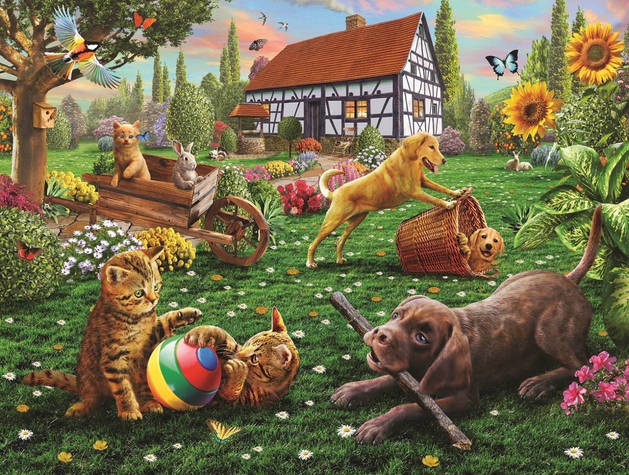 Dogs and Cats at Play - 500pc Jigsaw Puzzle By Sunsout  			  					NEW