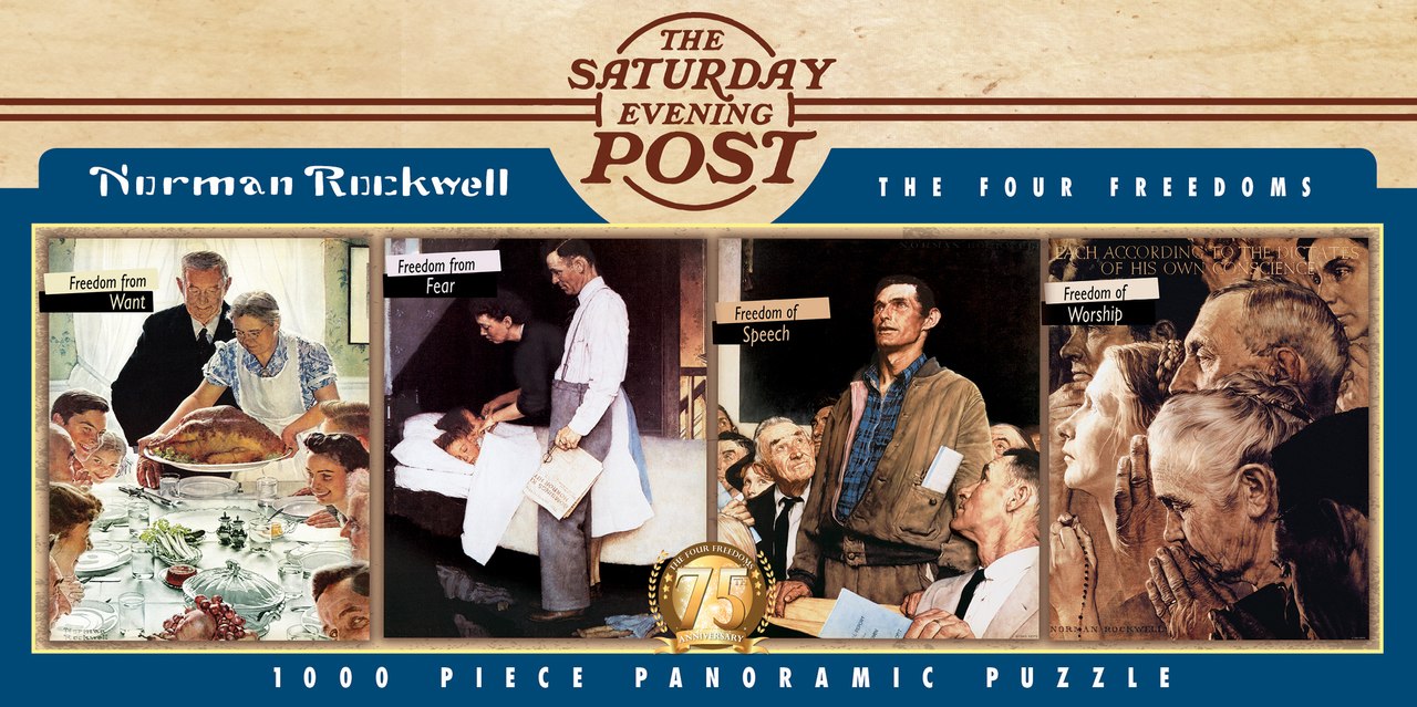 Saturday Evening Post Norman Rockwell: The Four Freedoms - 1000pc Panoramic Jigsaw Puzzle by Masterpieces  			  					NEW - image 1