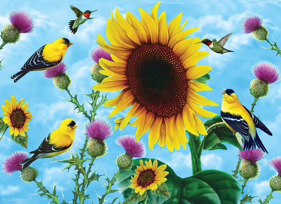 Sunflowers and Songbirds - 500+pc Large Format Jigsaw Puzzle by SunsOut
