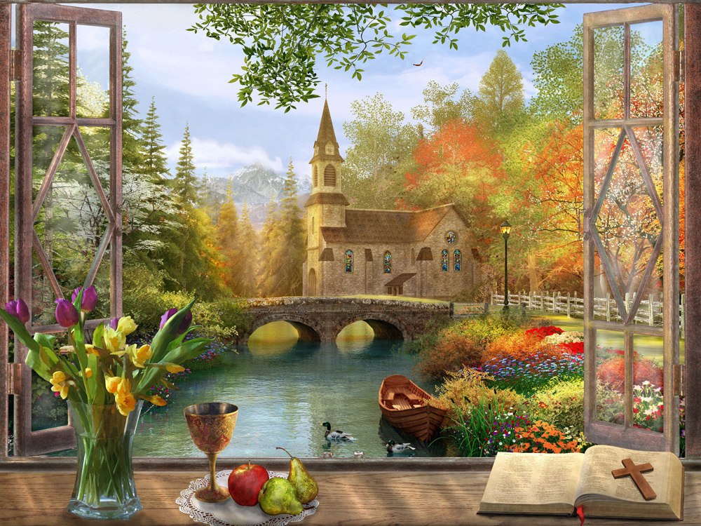 Autumn Church Frame - 550pc Jigsaw Puzzle by Vermont Christmas Company - image 1