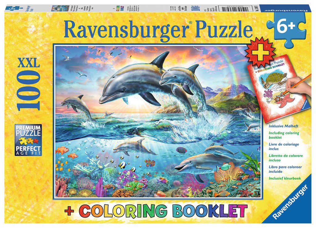 Vibrant Dolphins - 100pc Jigsaw Puzzle w/ Coloring Book By Ravensburger  			  					NEW - image 1