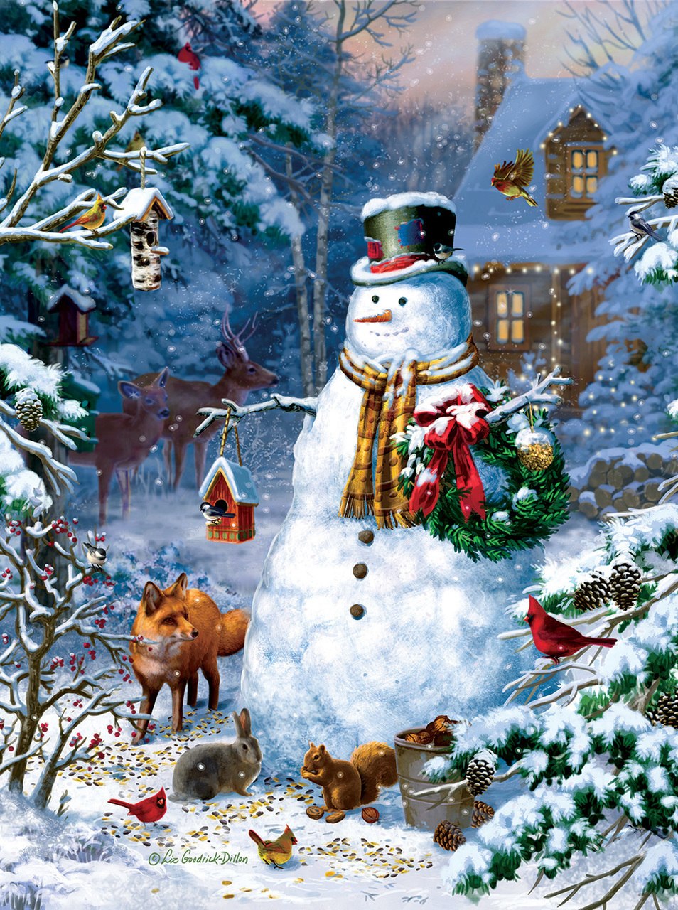 Winter Cabin Snowman - 1000pc Jigsaw Puzzle by Sunsout - image main