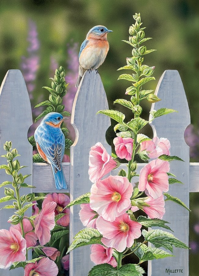 Bluebirds and Hollyhocks - 1000pc Jigsaw Puzzle by Cobble Hill  			  					NEW - image 2