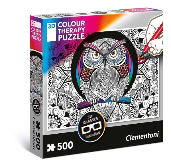 3D Color Therapy: Owl - 500 pc Jigsaw Puzzle by Clementoni