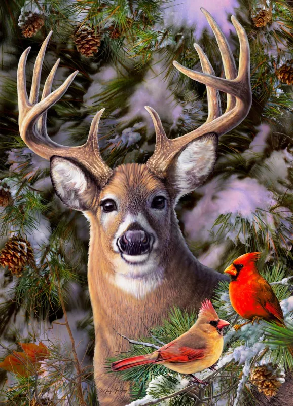 One Deer Two Cardinals - 500pc Jigsaw Puzzle By Cobble Hill