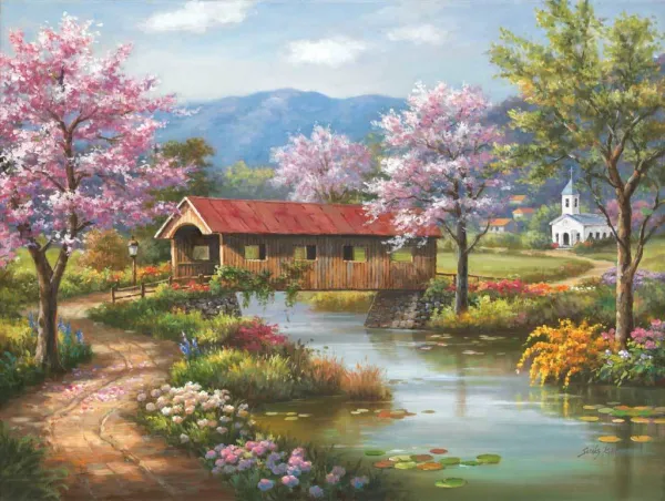 Covered Bridge in Spring - 300pc Large Format Spring Jigsaw Puzzle by Sunsout
