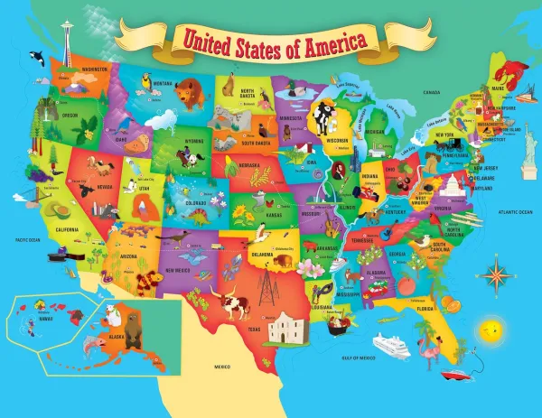 USA Map State - 60pc Educational Shaped Jigsaw Puzzle by Masterpieces