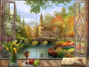 Autumn Church Frame - 550pc Jigsaw Puzzle by Vermont Christmas Company